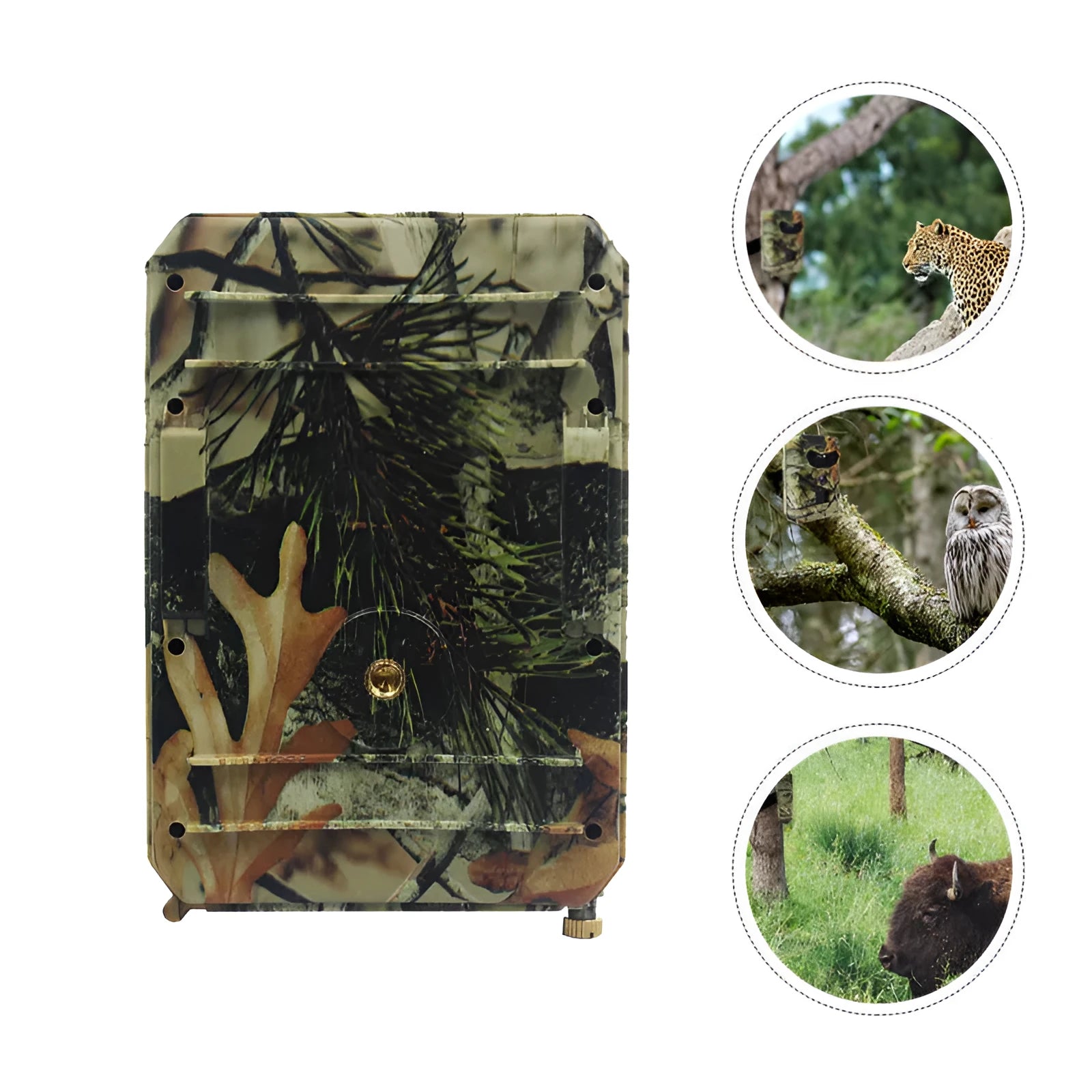 Yellow brown coloured plastic hunting game camera with infrared LEDs and lens, shown with its dimensions.