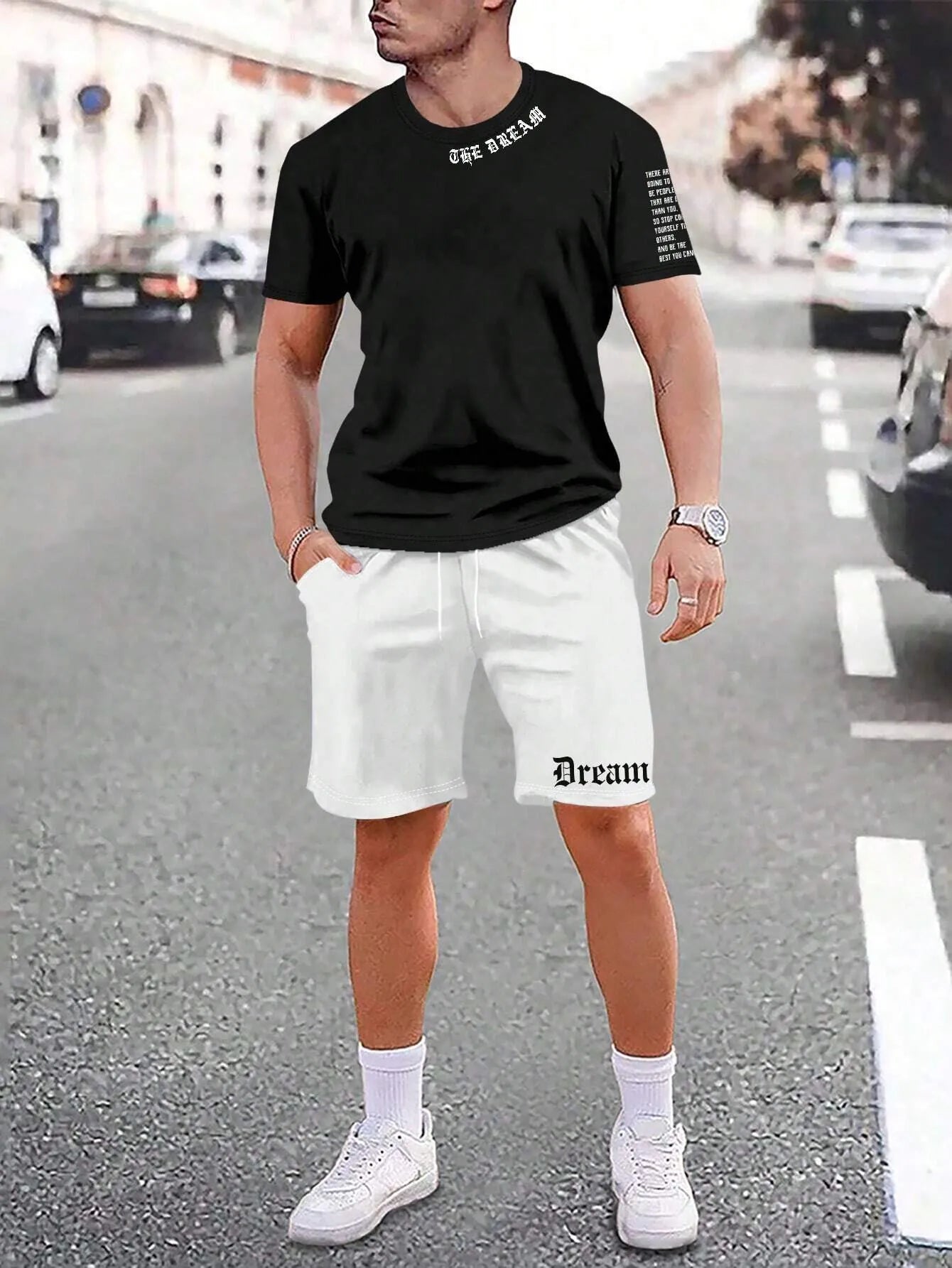 Lightweight quick-dry short-sleeved top and matching shorts sports set on a neutral background.