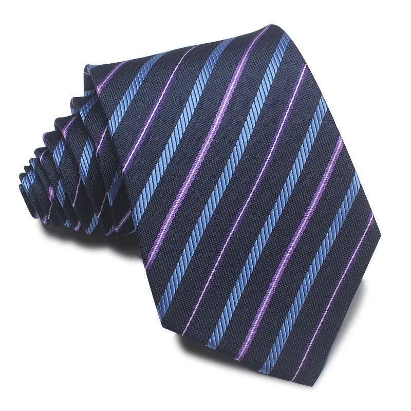 Men's red, black, and blue striped jacquard tie with an arrow shape and 8cm width.