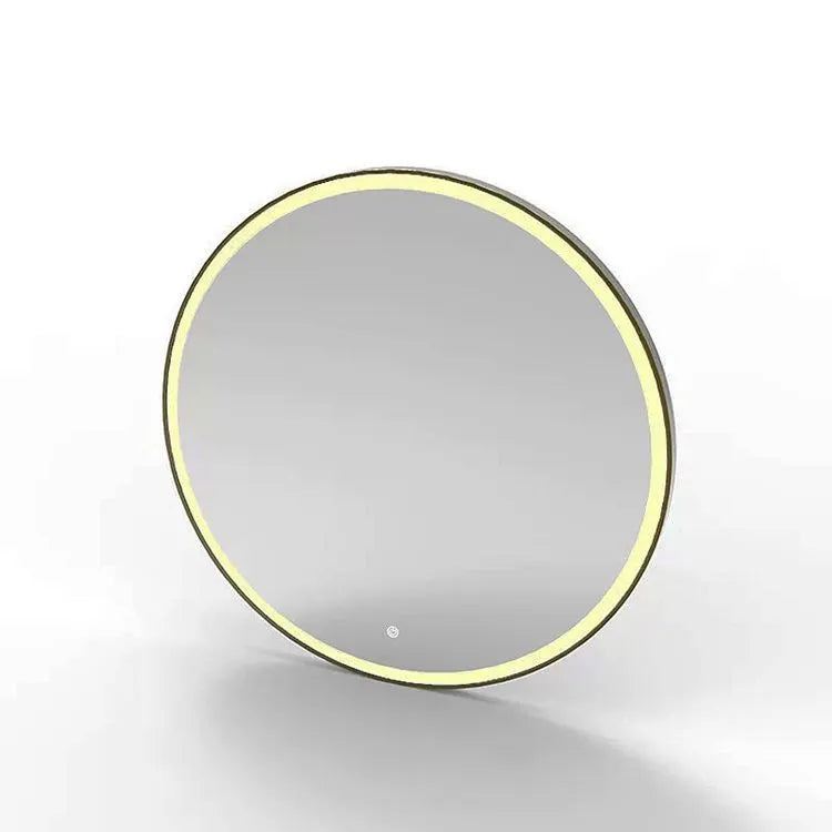 Round black aluminium frame smart LED bathroom mirror with touch dimming control on wall.