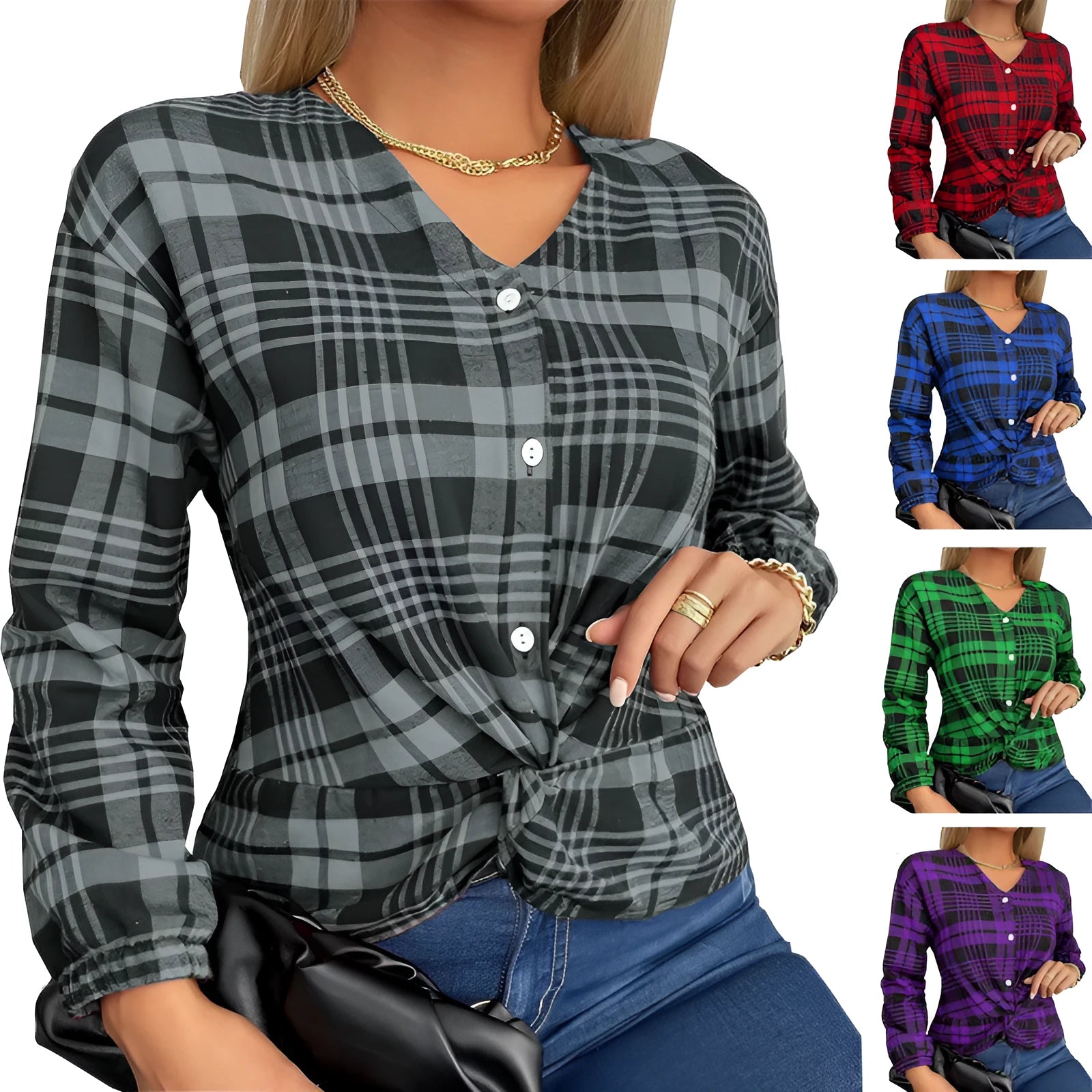 Women's purple plaid casual shirt with loose fit and regular sleeves