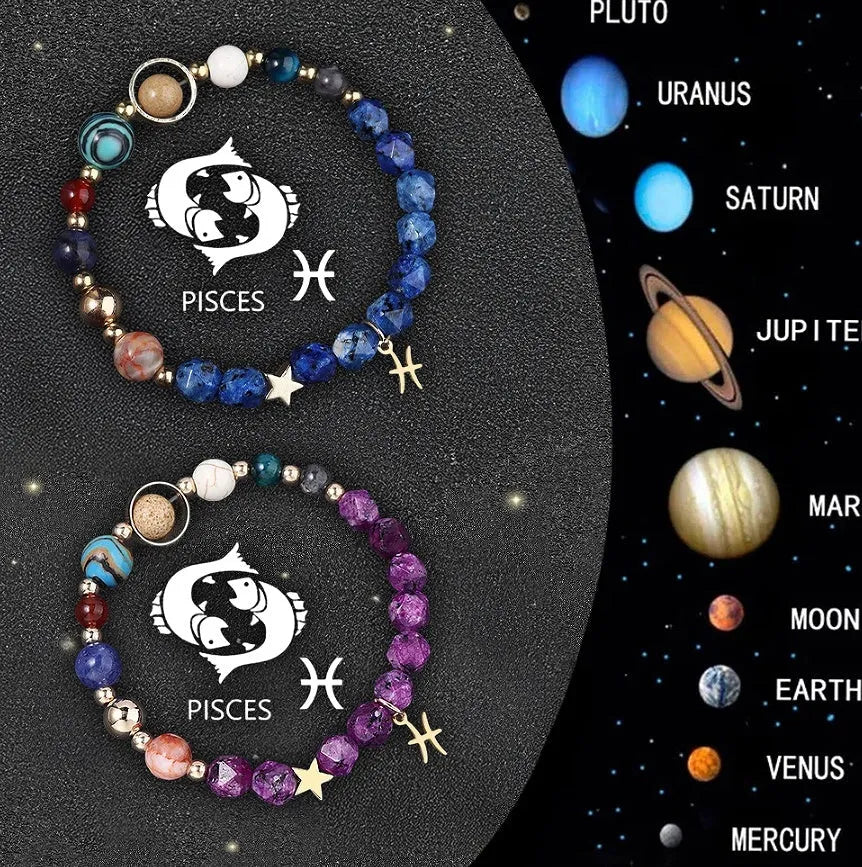 Set of two natural stone beaded bracelets with silver zodiac charms on an adjustable cord.
