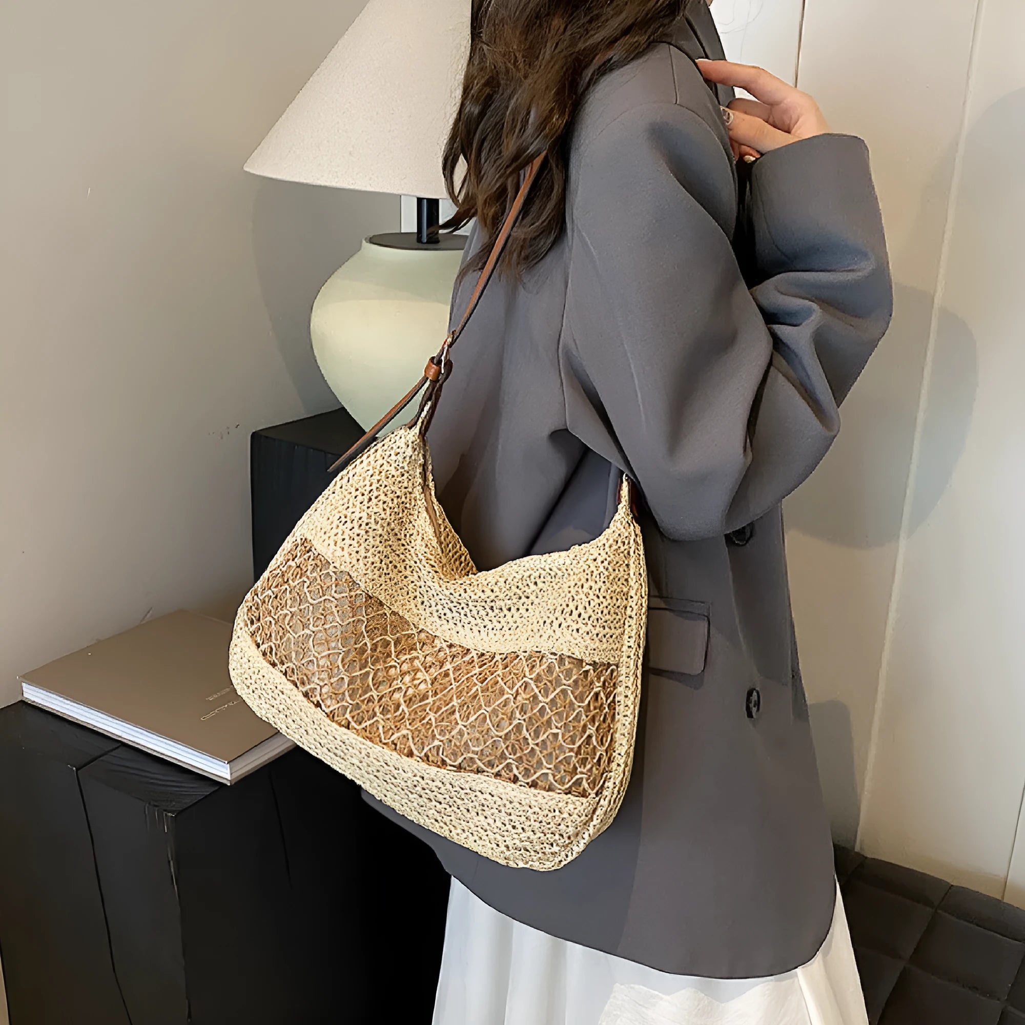 Women's khaki and milky white soft straw cross body bag with a horizontal square shape and sandwich pocket.