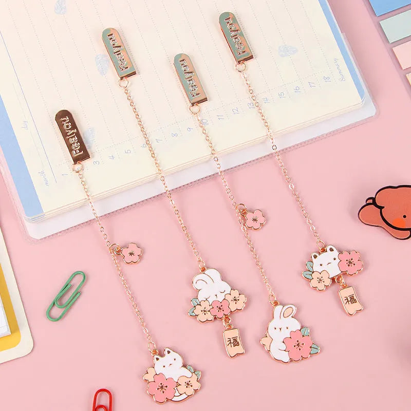 Metal pendant bookmark with cartoon cherry cat design for book marking