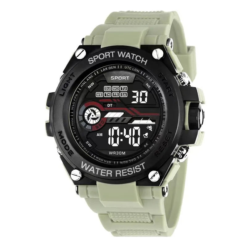 Digital electronic wristwatch with a colourful silicone strap on a wrist, showing the LED display.
