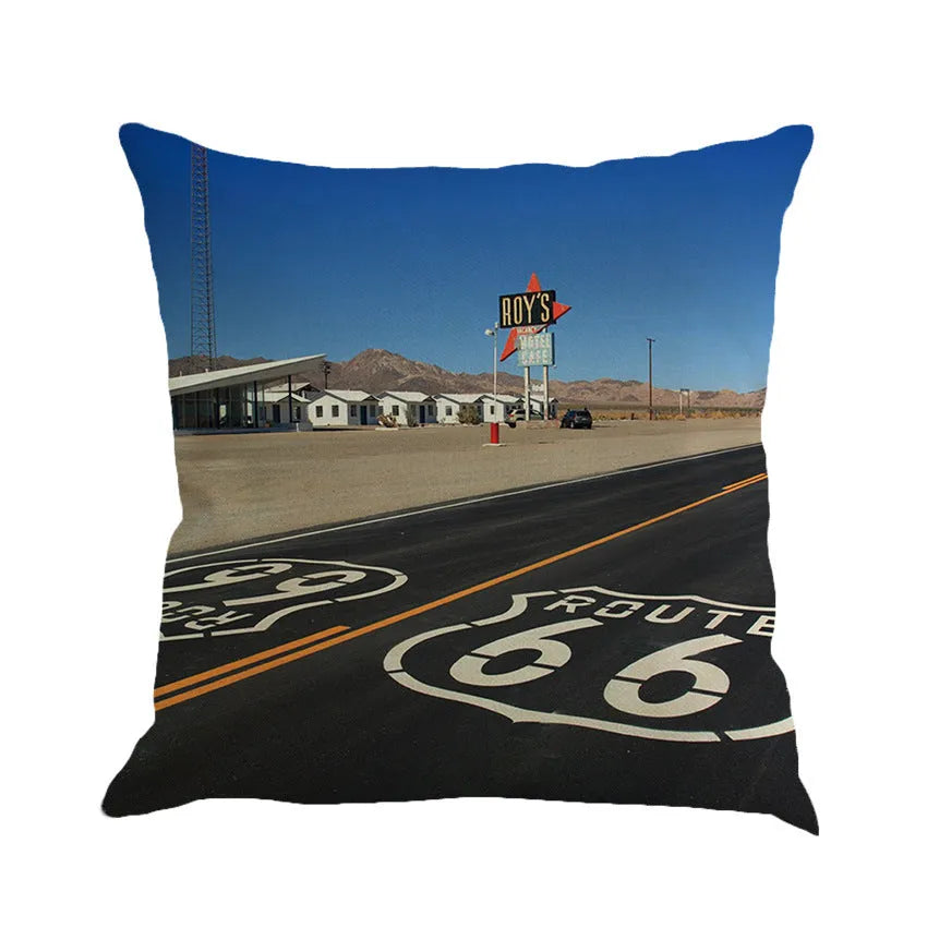 Route 66 landscape pattern on a 45x45 cm linen and cotton blend cushion cover.