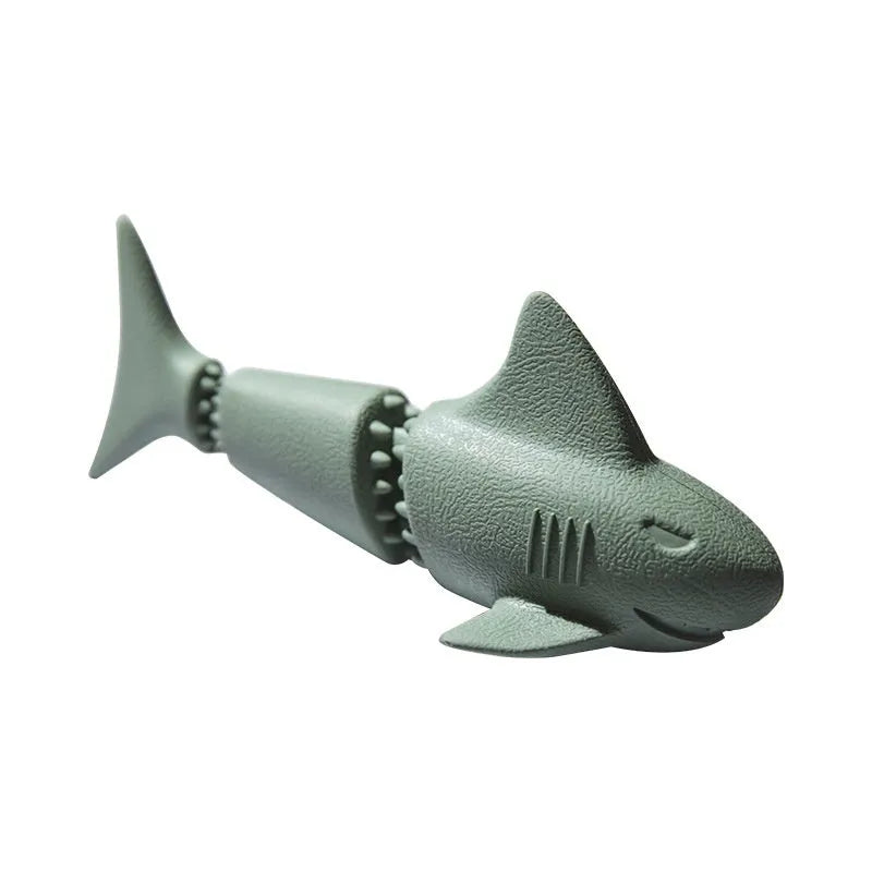 Blue rubber shark dog chew toy for aggressive chewing.
