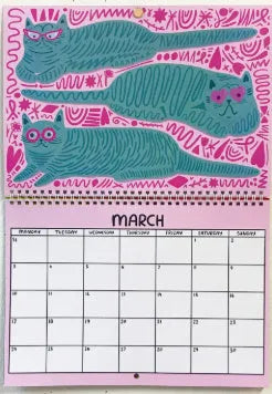 A portrait-format paper wall calendar featuring cat imagery, available for the 2024 or 2025 year.