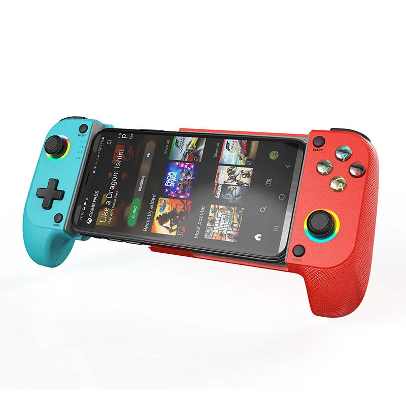 Bluetooth wireless stretching game controller for mobile phones in black, red and blue, or white.
