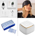 White sleep aid instrument with handheld remote control and wearable bracelet on a charging cable.