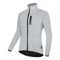 Silver waterproof polyester long sleeved jacket with windproof function, shown on hanger