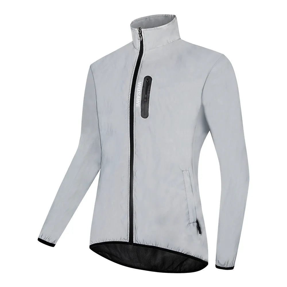 Silver waterproof polyester long sleeved jacket with windproof function, shown on hanger