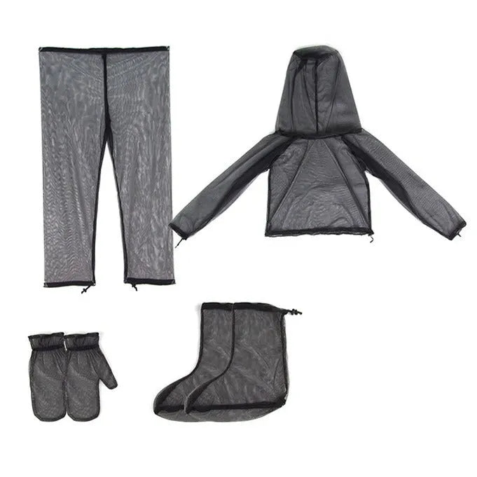 Full set of mesh anti mosquito suit including hooded top, pants, and booties for summer outdoor wear