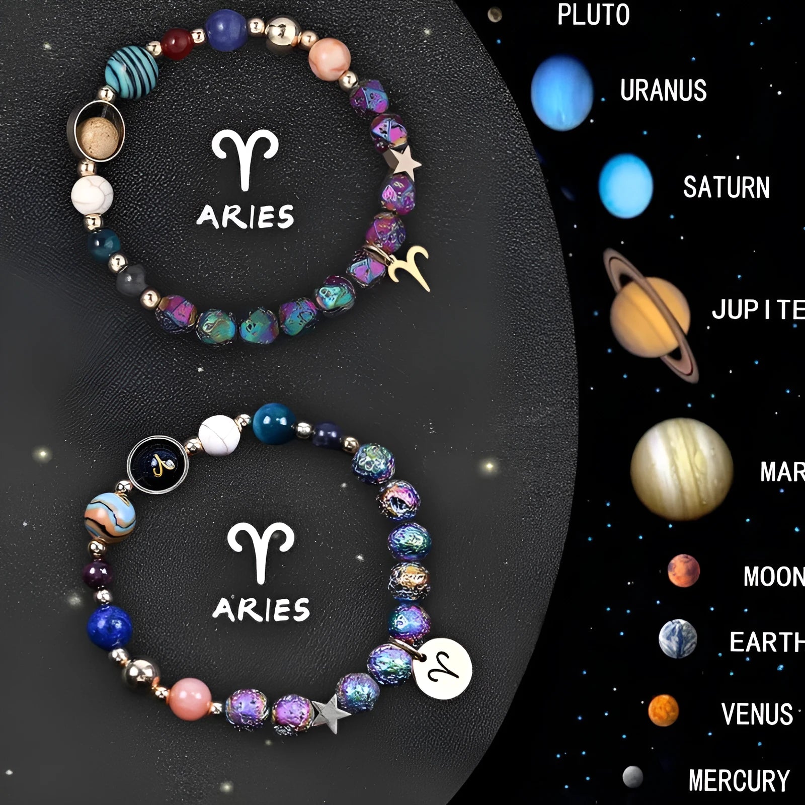 Two natural stone beaded bracelets with zodiac sign charms on a white background