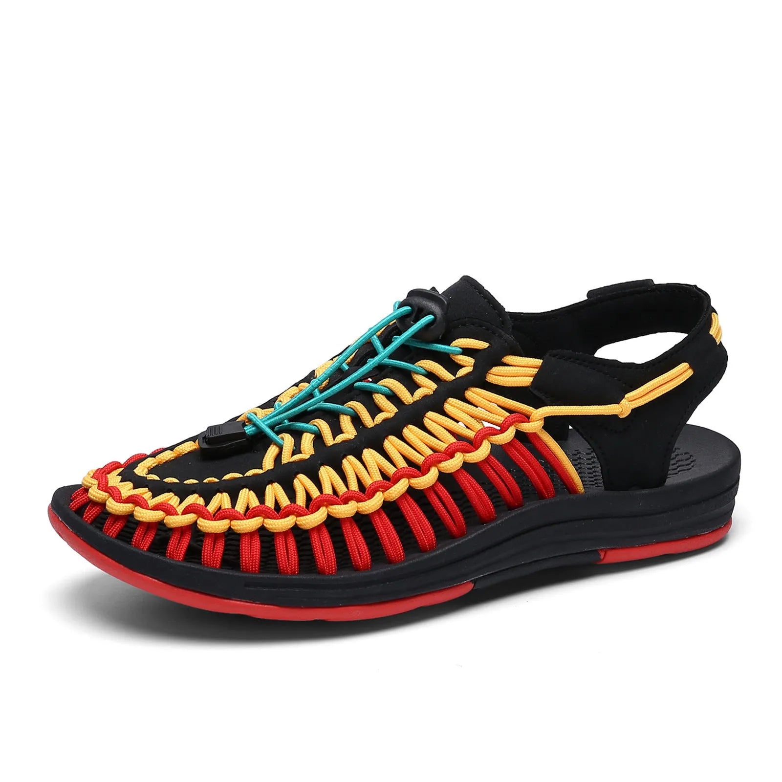 Woven Roman sandals with an elastic drawstring tie in multiple colour options on a rubber sole.