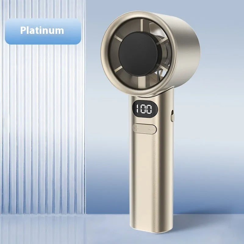 Handheld fan showing variable speed control, USB charging port, and green colour option
