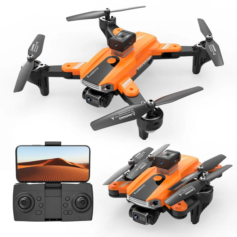 Orange and black quadcopter drone with dual cameras and propeller guards, shown on a white background