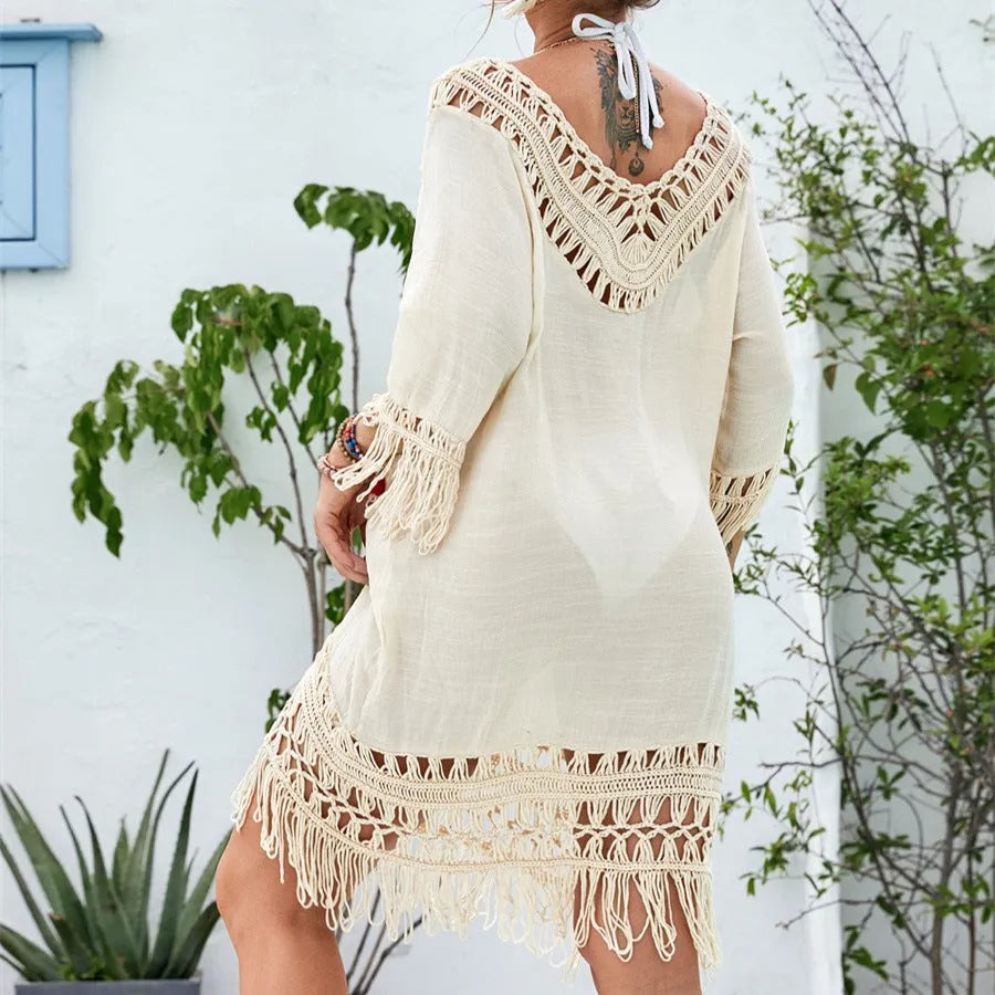 Apricot crocheted patchwork women's dress with half sleeves and mid-length skirt