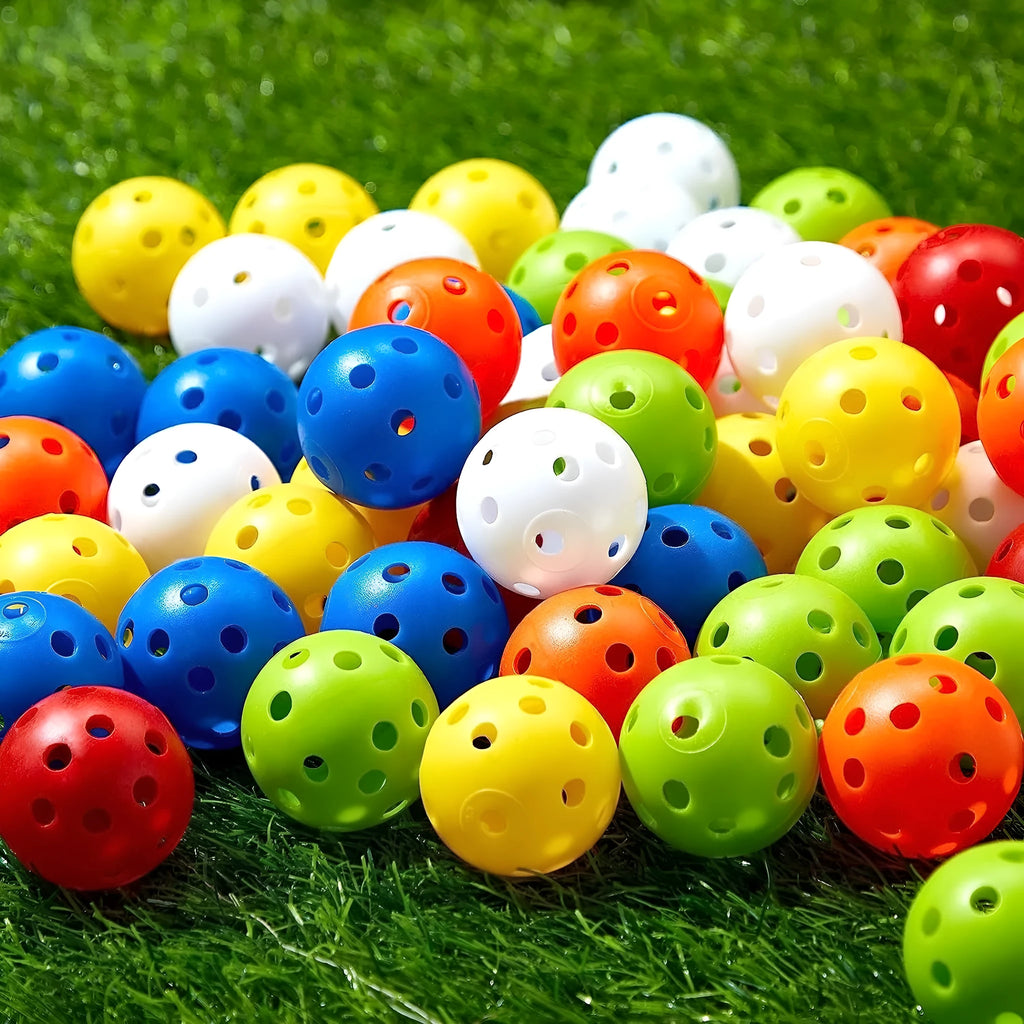 Six multi-colour 42mm golf practice balls including red, orange, blue, green, white, and yellow options