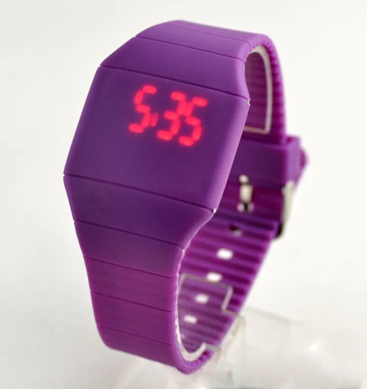 Square digital touch screen watch in multiple colours with stainless steel buckle on PU strap