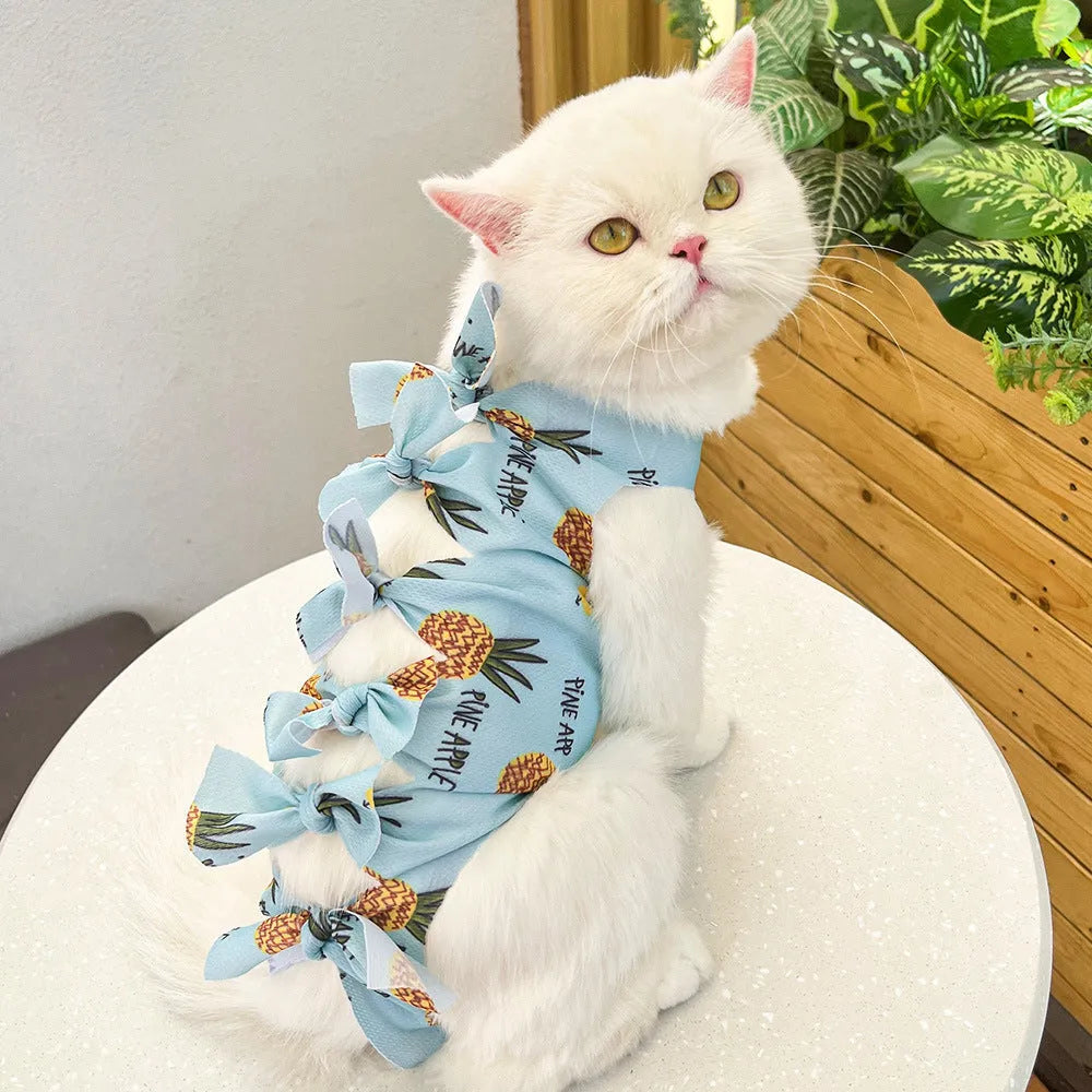 Cat wearing pink sterilisation recovery clothing with lace-up closure after surgery