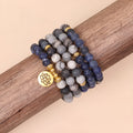 Blue patterned network stone bead multi-layer bracelet with alloy metal chain links