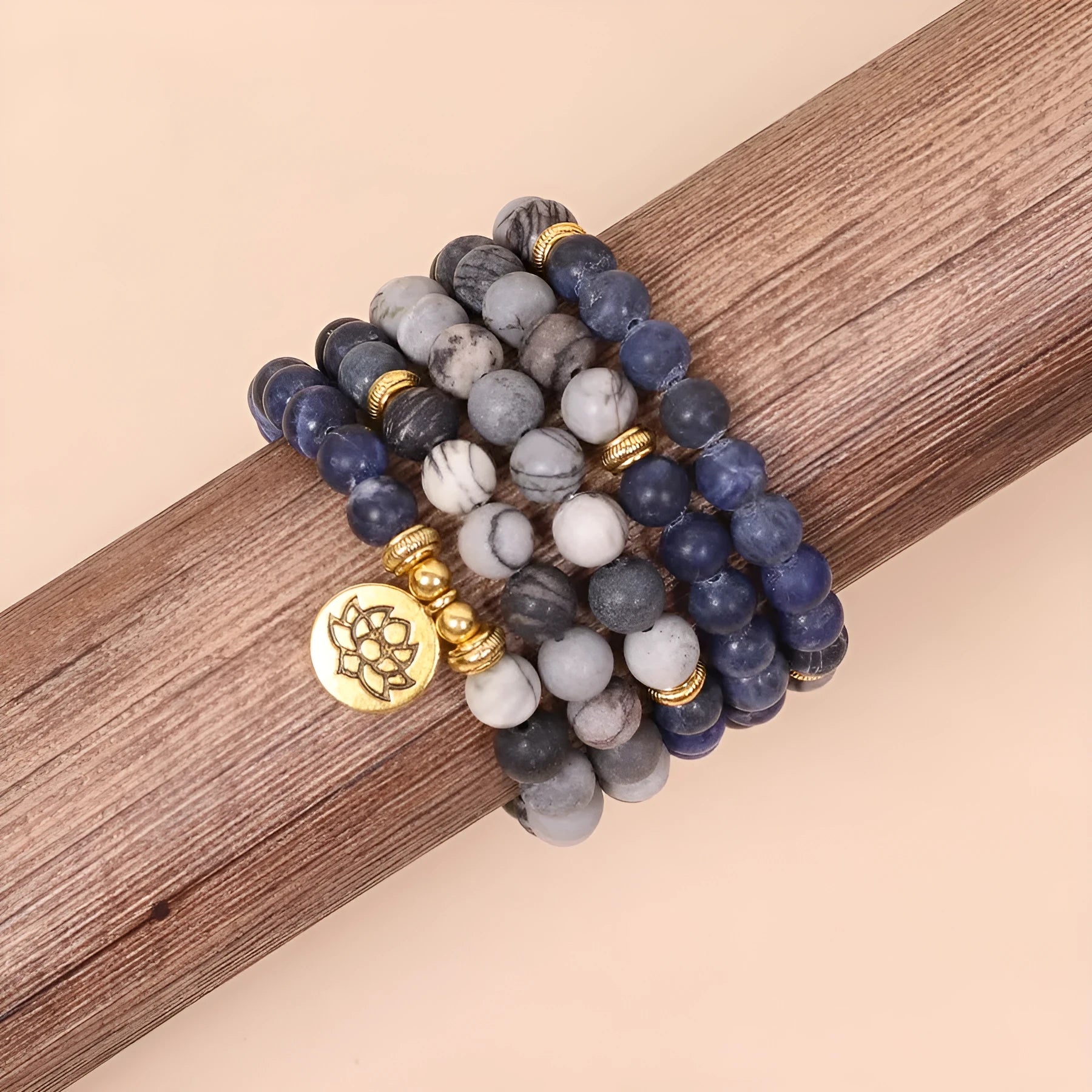 Blue patterned network stone bead multi-layer bracelet with alloy metal chain links