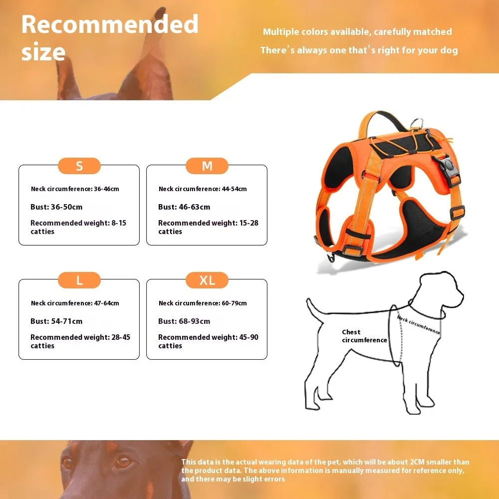 Orange reflective dog harness with a black integrated hand-holding rope, showing size adjustment straps.