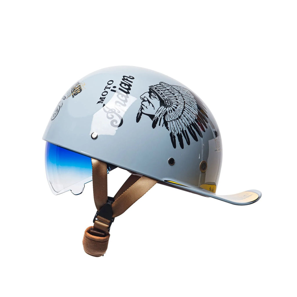 Men's retro half helmet for electric bikes in bright black with a gradient blue lens.