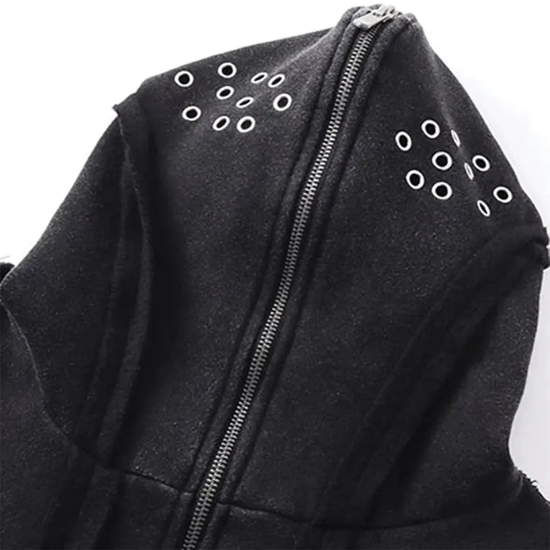 Black loose zip hooded coat with abstract pattern and padding