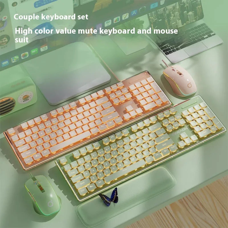 Prewalker V3 mute mechanical feeling keyboard and mouse set in retro green colour on a desk.