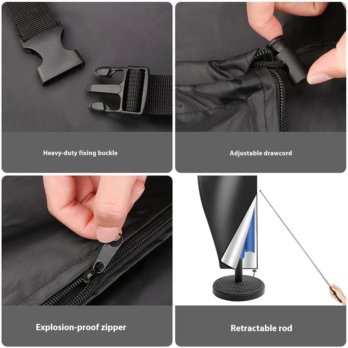 Black or grey Oxford cloth waterproof cover fitted on an outdoor offset banana umbrella