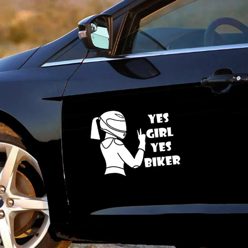 Cool Girl Rider character design car sticker in black, white, and laser colour options, 16cm by 15cm.