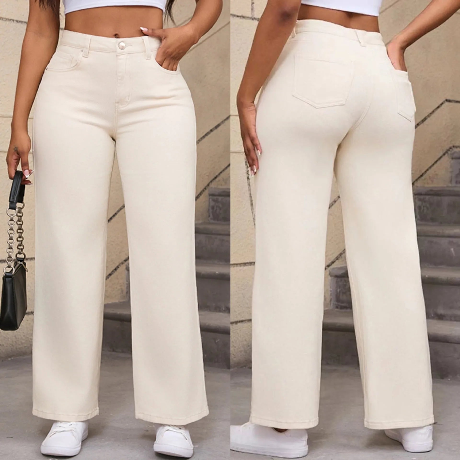 Women's high waist straight jeans in apricot and khaki colours with wide leg cut