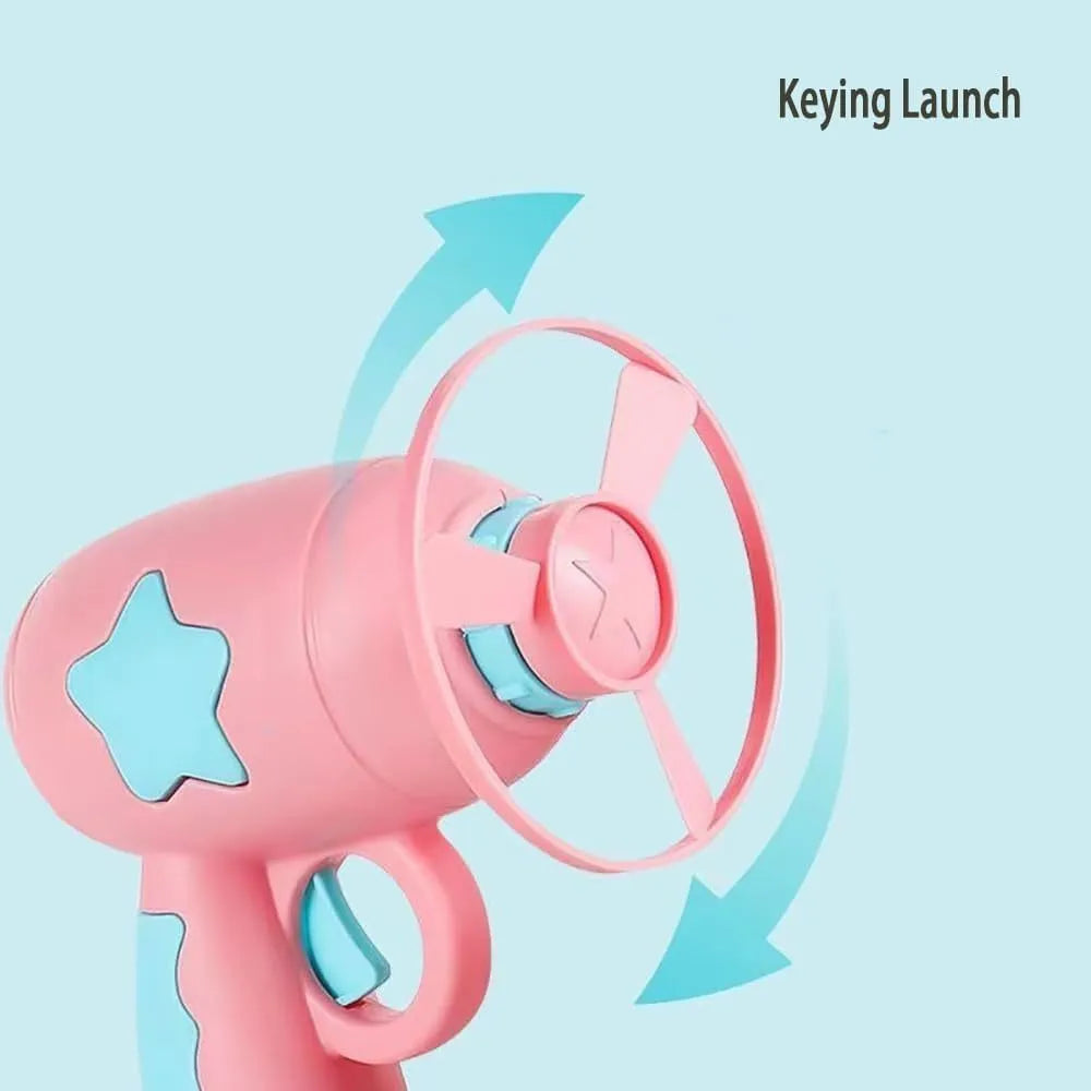 Blue interactive cat toy gun with spinning plastic frisbee for indoor feline play
