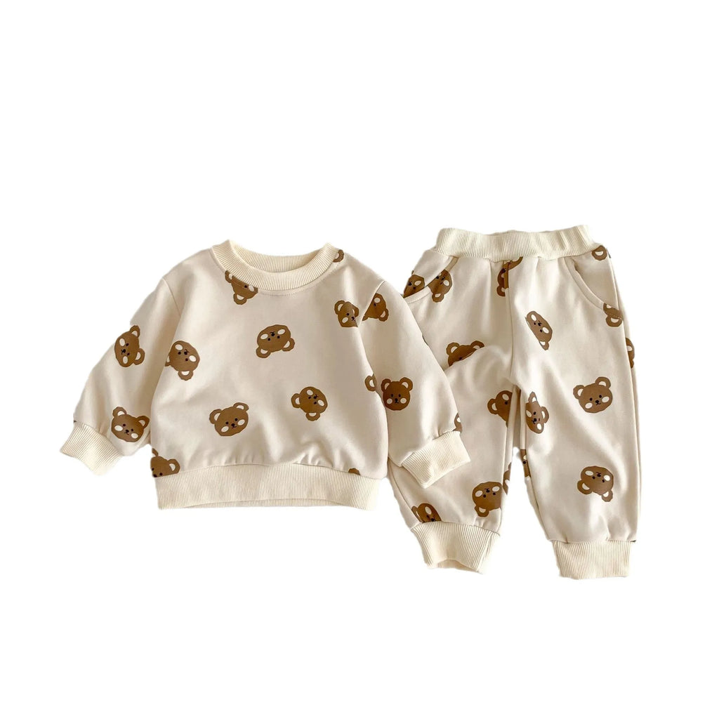 Baby cotton round neck bear cartoon sweater suit in rice apricot with matching trousers