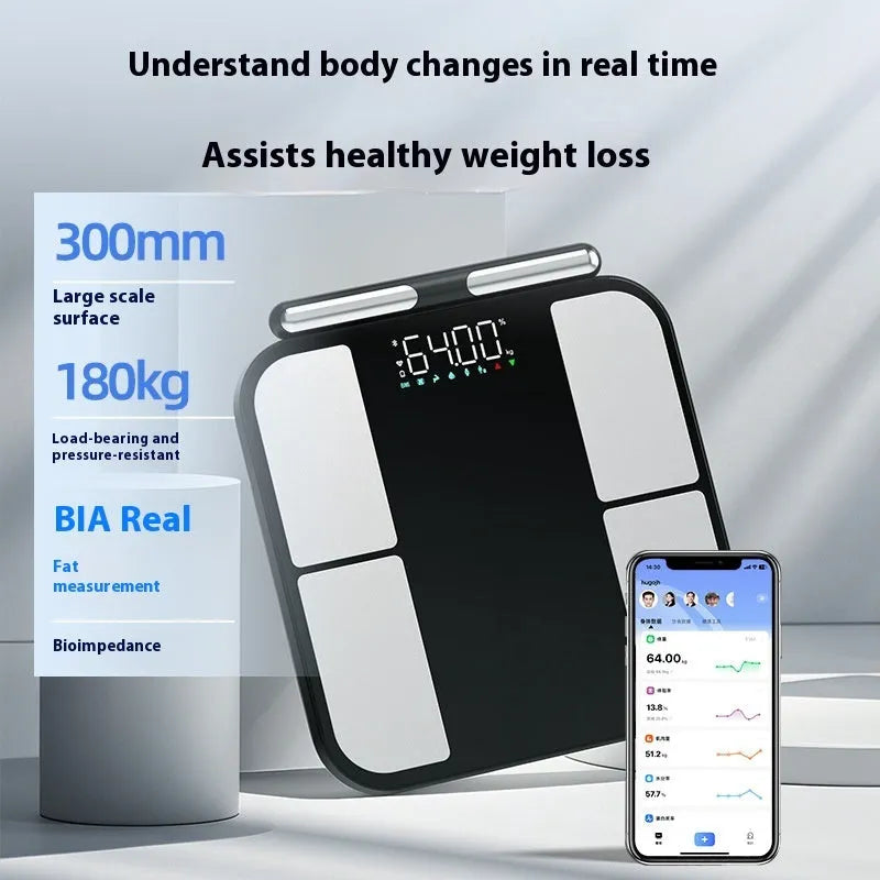 Black electronic weighing scale with tempered glass platform showing body fat analysis on colour screen