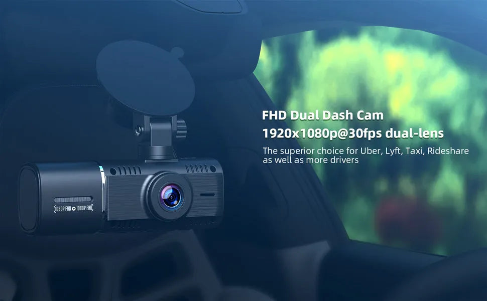 Black dual channel dash cam on a car windscreen with a 1.5-inch screen, showing front and rear camera views.
