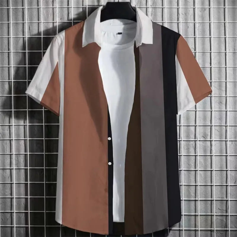 Men's striped linen short sleeve T-shirt with 3D printing, shown in multiple colour options.