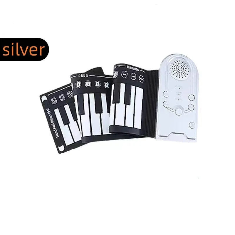 Gloss black portable folding electronic keyboard with 49 silicone keys, unfolded next to its compact folded size.