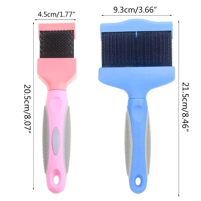 Double-sided pet grooming brush with stainless steel pins and blue ergonomic handle