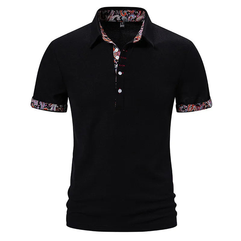 Men's short sleeve polo shirt in cotton blend fabric, showing turnover neck with colour stitching detail.