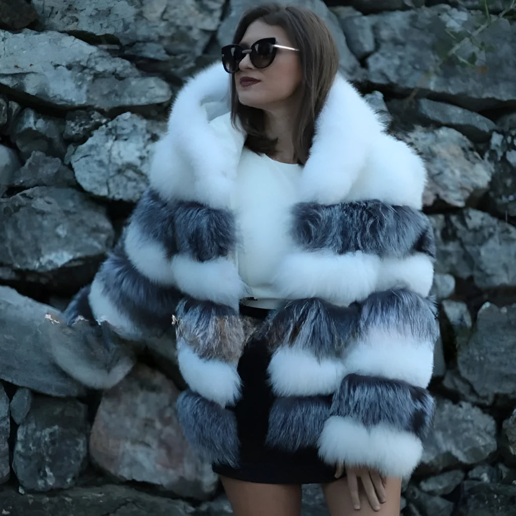 Women's loose fit hooded coat in artificial fur, shown in brown and white silver fox colours