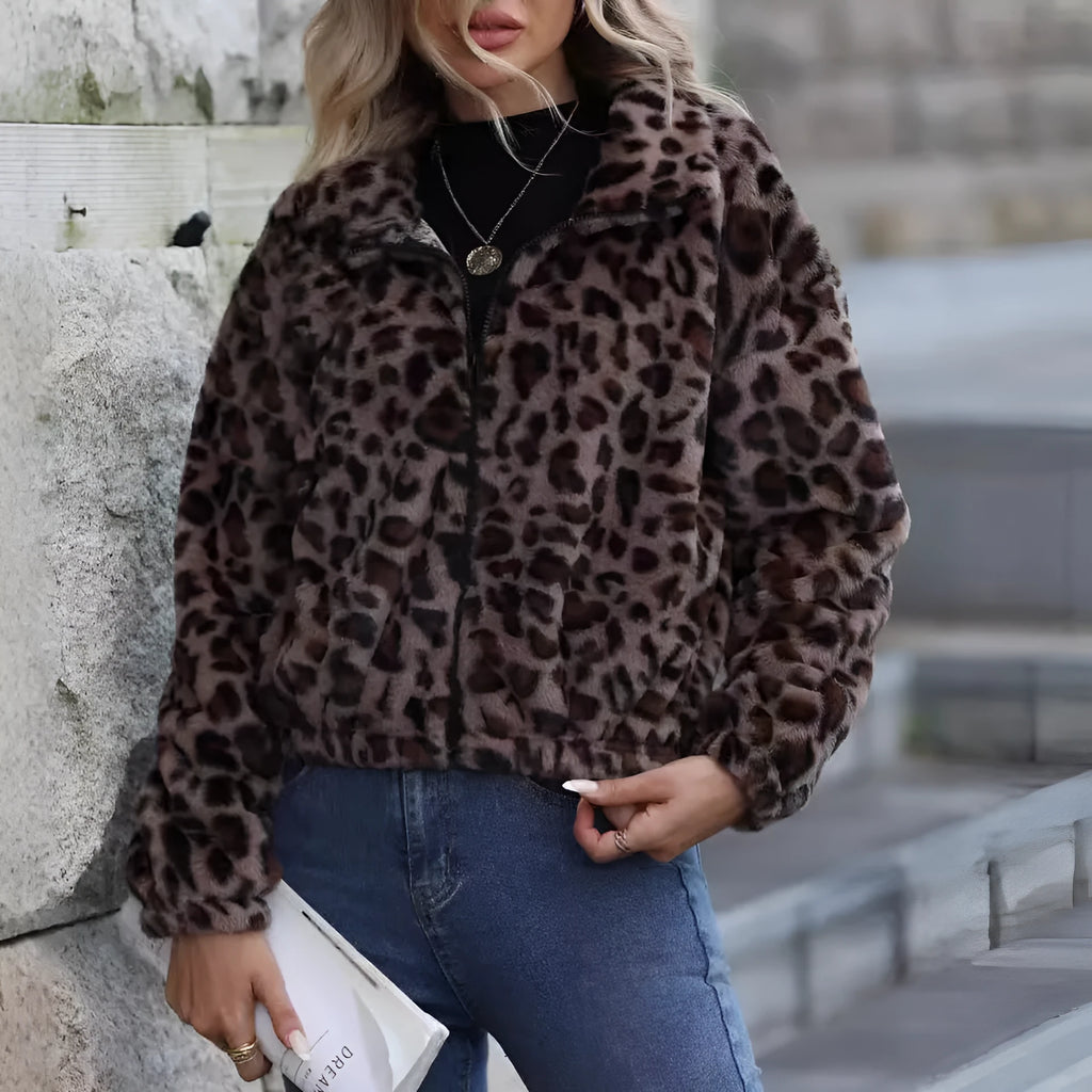 Women's loose fit leopard print plush coat with zipper front and raglan sleeves