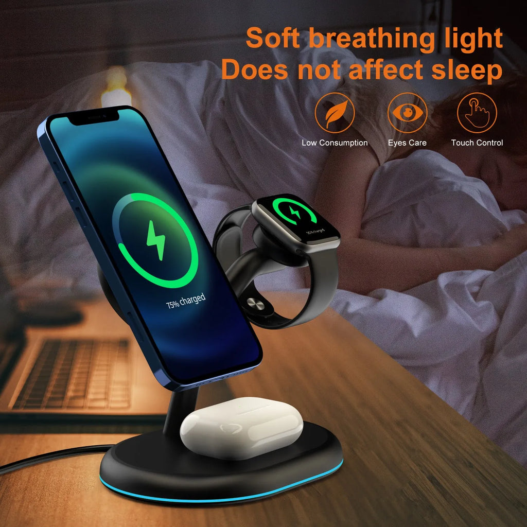 Black three-in-one magnetic wireless charger with ABS plastic casing on a desk.