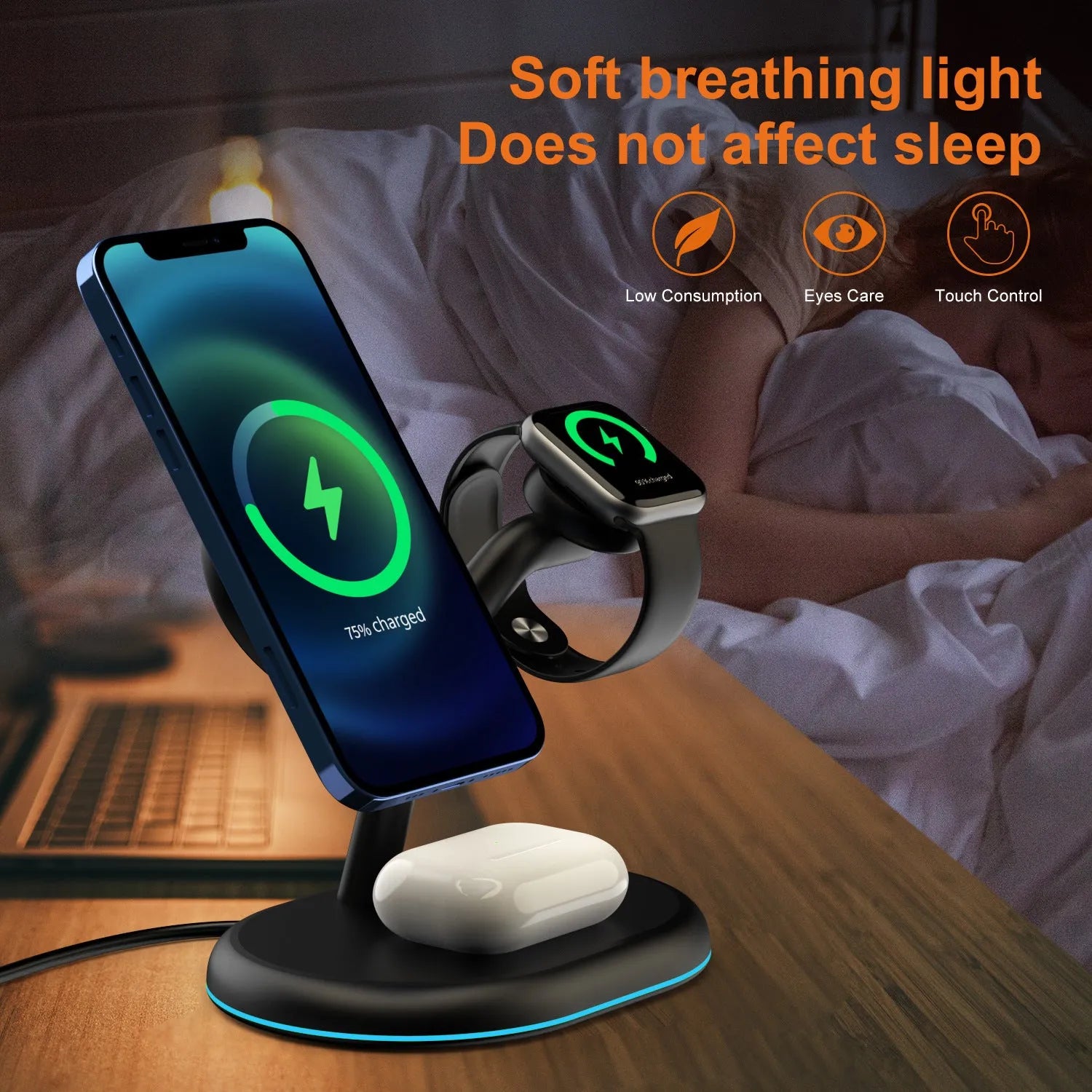 Black three-in-one magnetic wireless charger with ABS plastic casing on a desk.
