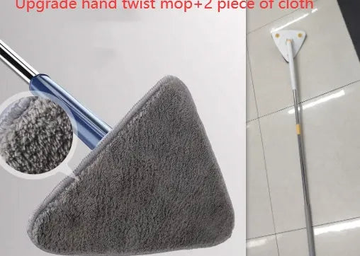 Blue triangular cleaning mop with 360-degree rotating head and adjustable stainless steel pole extended for use