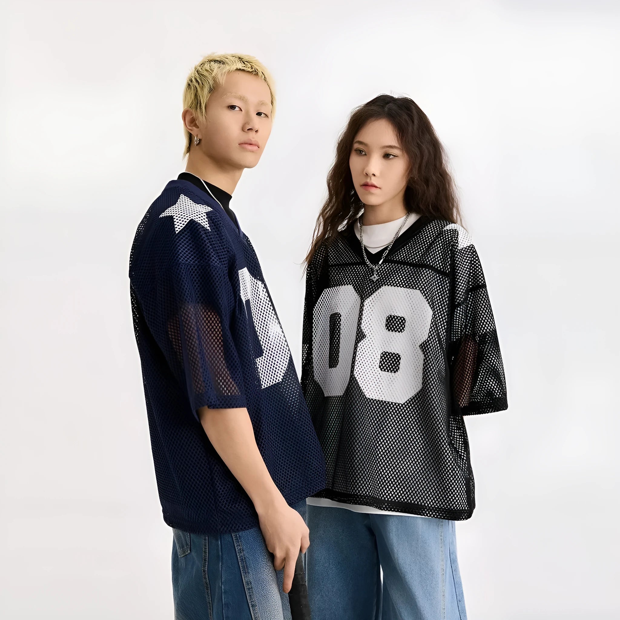 Loose fit half sleeve pullover shirt in black or navy blue with letter pattern