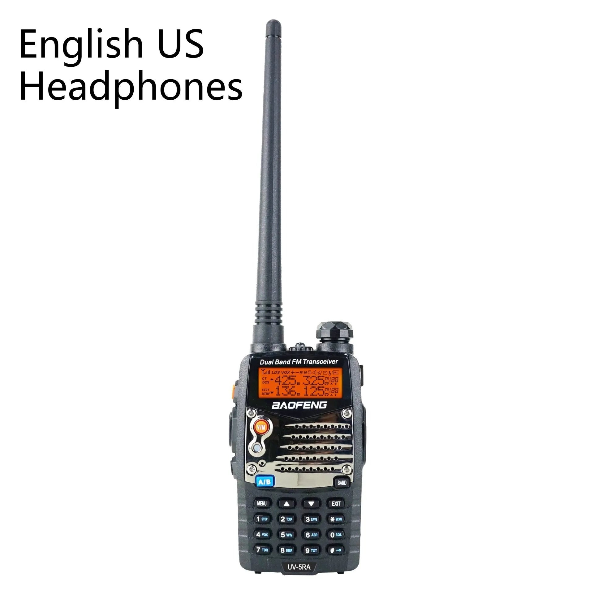 Baofeng UV-5RA dual-band walkie-talkie with dual display showing channel information
