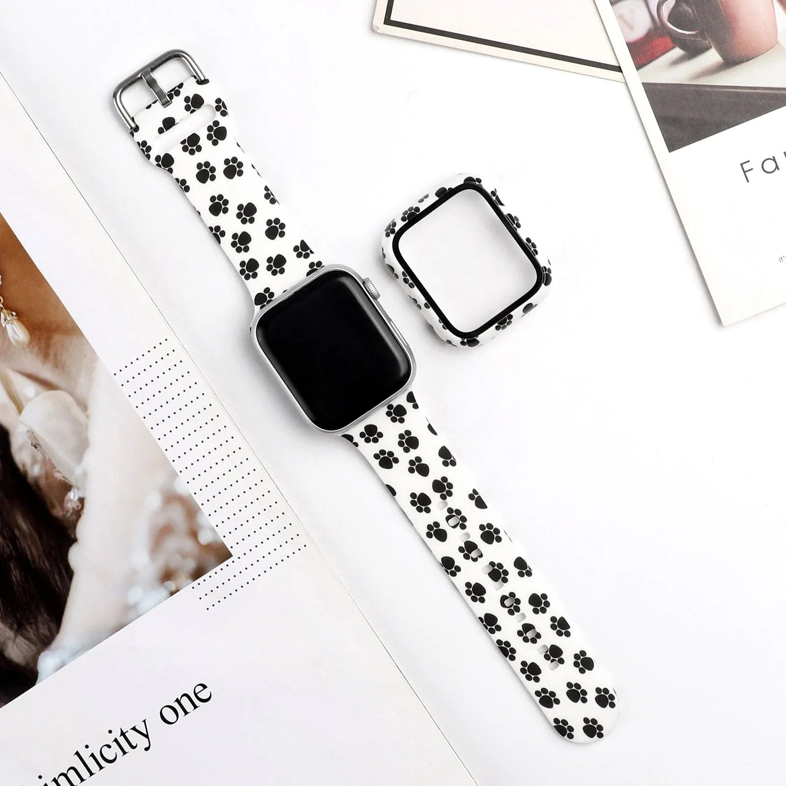 Printed silicone replacement strap for Apple Watch showing design options and 38mm 40mm 42mm 44mm size compatibility.